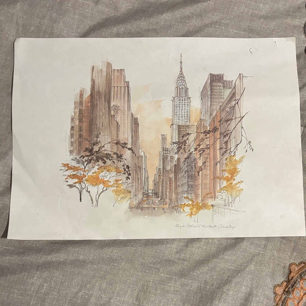 Vintage Un Framed Watercolor Print: NYC Chrysler Building Art by Mads Stage